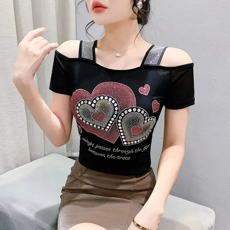 New Ladies Clothes Butterfly Letter Design T-Shirt Sexy Off Shoulder Shiny Diamonds Women Chic Mesh Tops Tees Shirts
