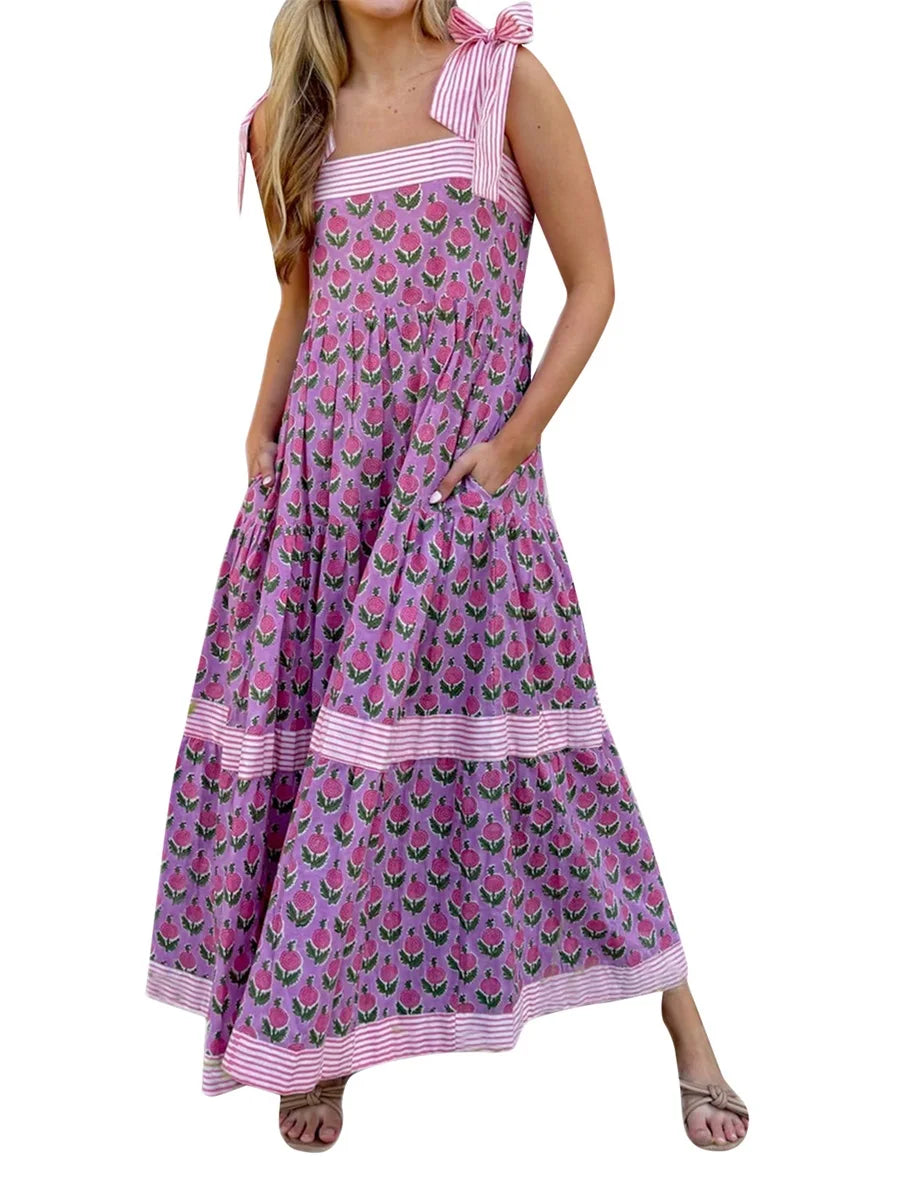 Elegant Maxi Dress with Boho Floral Print and Adjustable Tie-Up Straps Sleeveless Summer Fashion Cami Dress for Women