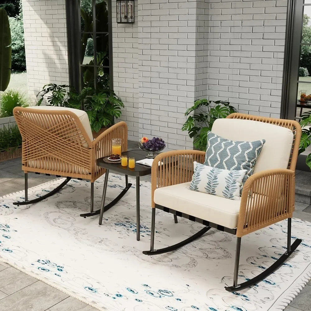 Boho Patio Rocking Chairs Set of 2 with Coffee Table,3 Piece Outdoor Patio Furniture Set,Modern Rope Chair and Table for Balcony
