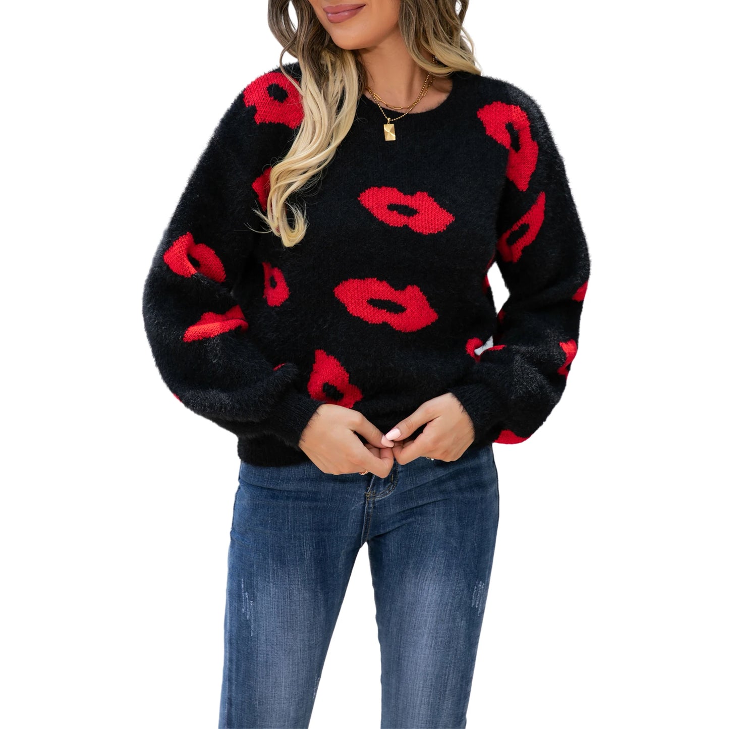 Women s Valentine’s Day Sweater Cartoon Lip Print Long Sleeve Round Neck Loose Pullover Knitwear