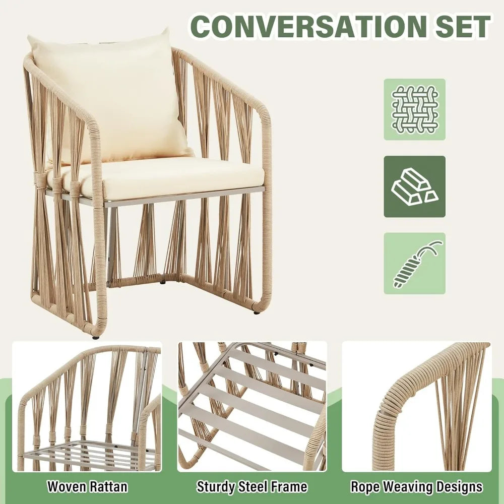 3 Piece Patio Rattan Bistro Set, Outdoor All Weather Wicker Furniture Chairs with Table and Soft Cushions, Modern Conve