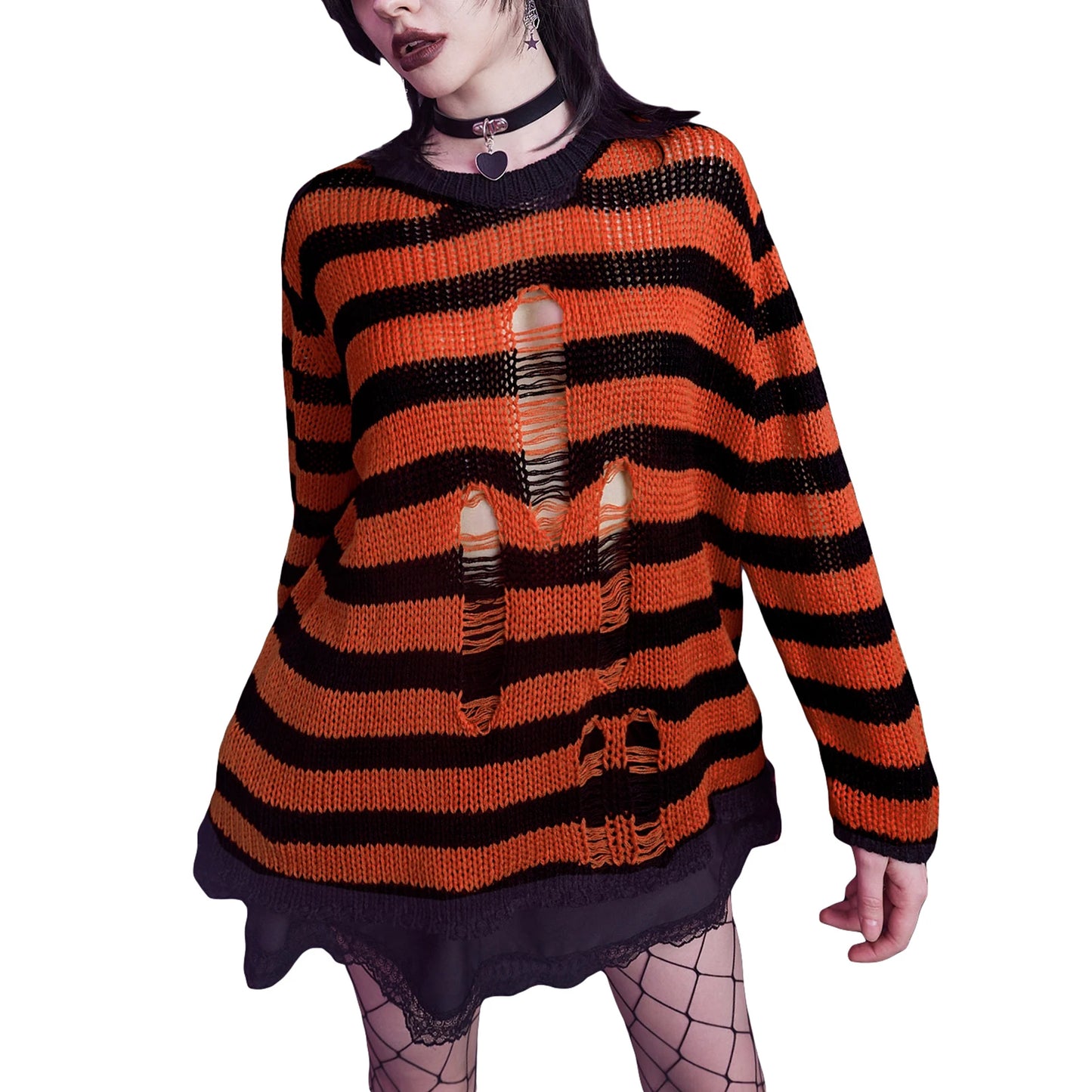 Women Knit Sweater Long Sleeve Crew Neck Striped Ripped Pullover Tops Streetwear