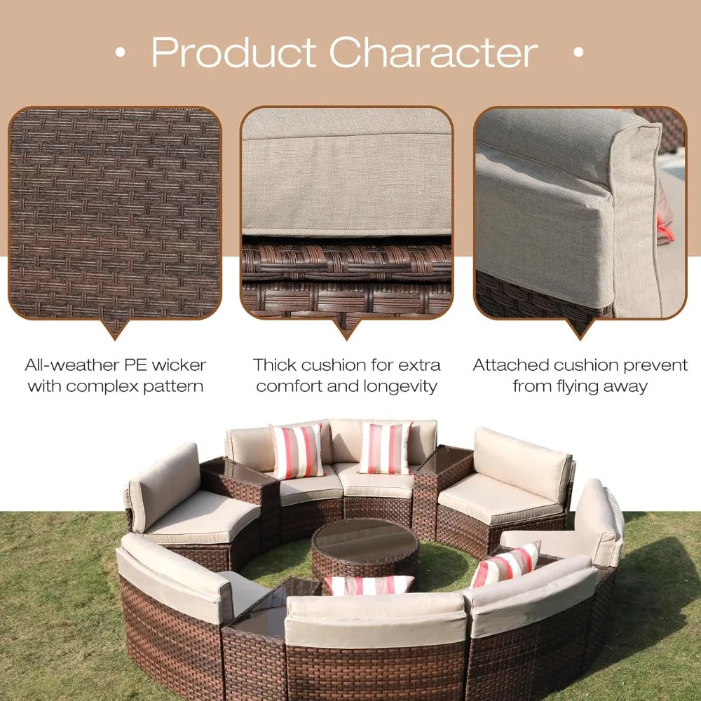 Outdoor Patio Furniture Set,13-Piece Round Sectional Sofa,with 4 Side Table and Pillows, Curved Wicker Sofa