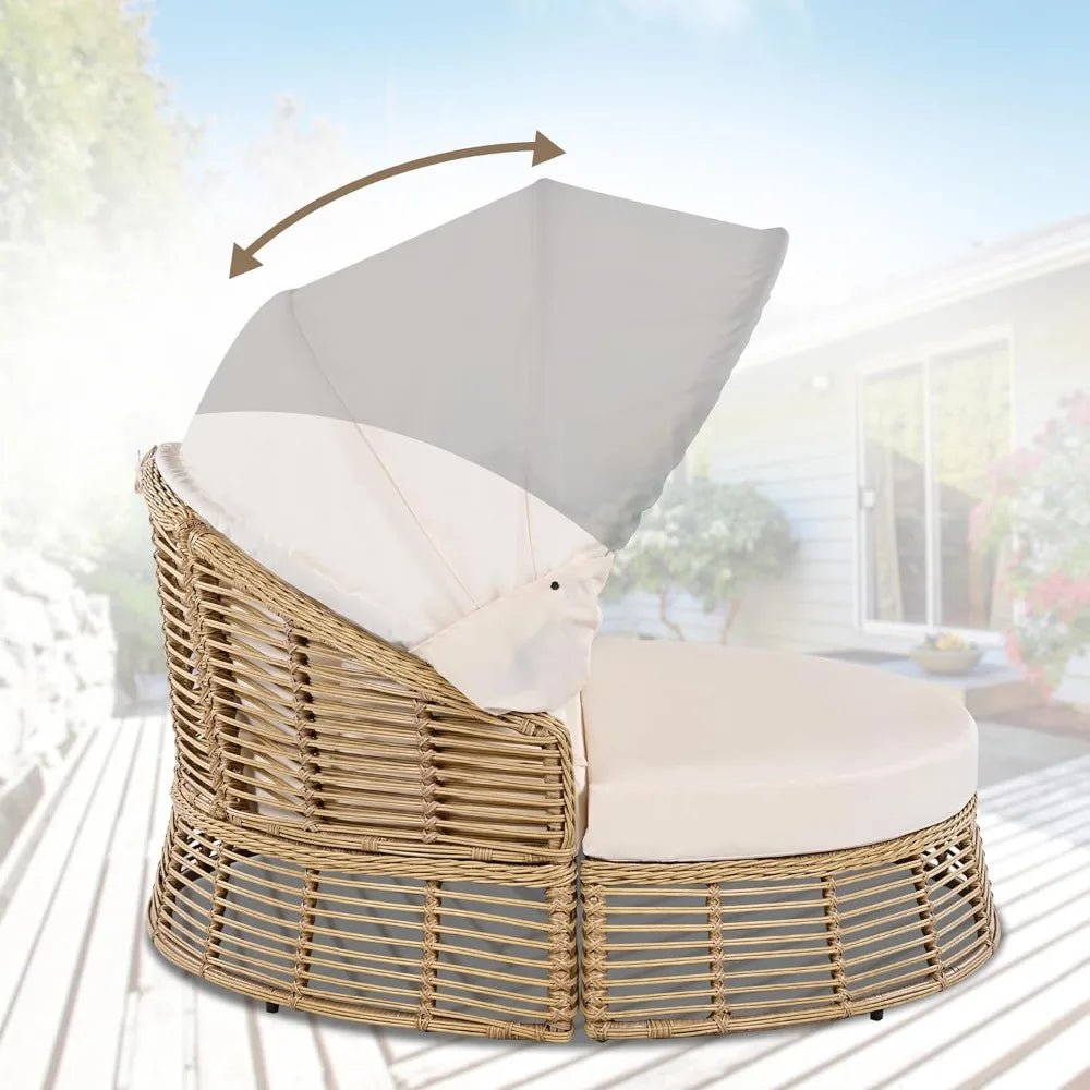 Outdoor Patio Rattan Round Daybed with Retractable Canopy, Wicker Furniture Round Poolside Sofa Sunbed with Removable Cushions (