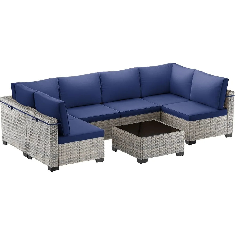 7-Piece Patio Furniture Set, Outdoor Patio Furniture with Thick Cushions, Modular Patio Sofa, Dual-Strand Wicker Rattan