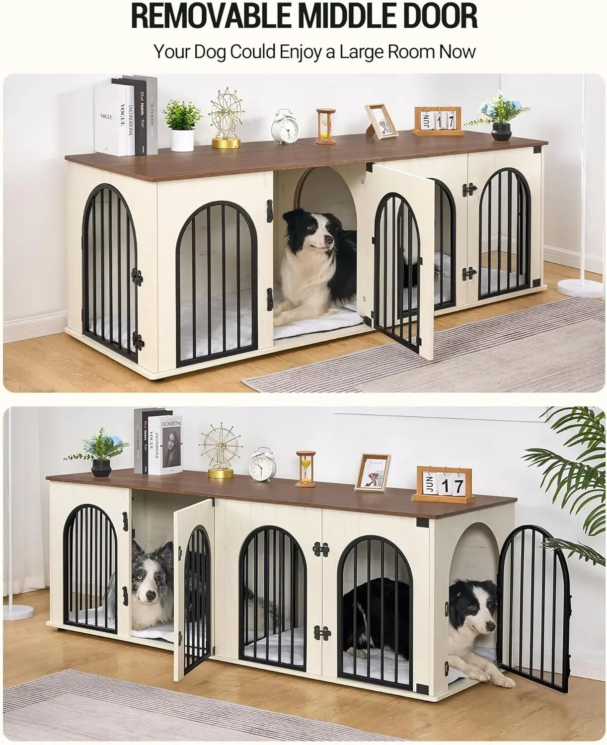 Dog Crate Furniture, 71" Heavy Duty Dog Kennels with Divider, Pads, Side Table, TV Cabinet,Anti-Chew Anti-Escape, White Brown