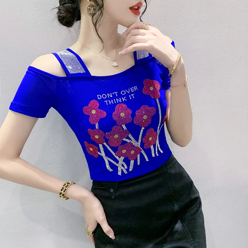 New Ladies Clothes Butterfly Letter Design T-Shirt Sexy Off Shoulder Shiny Diamonds Women Chic Mesh Tops Tees Shirts