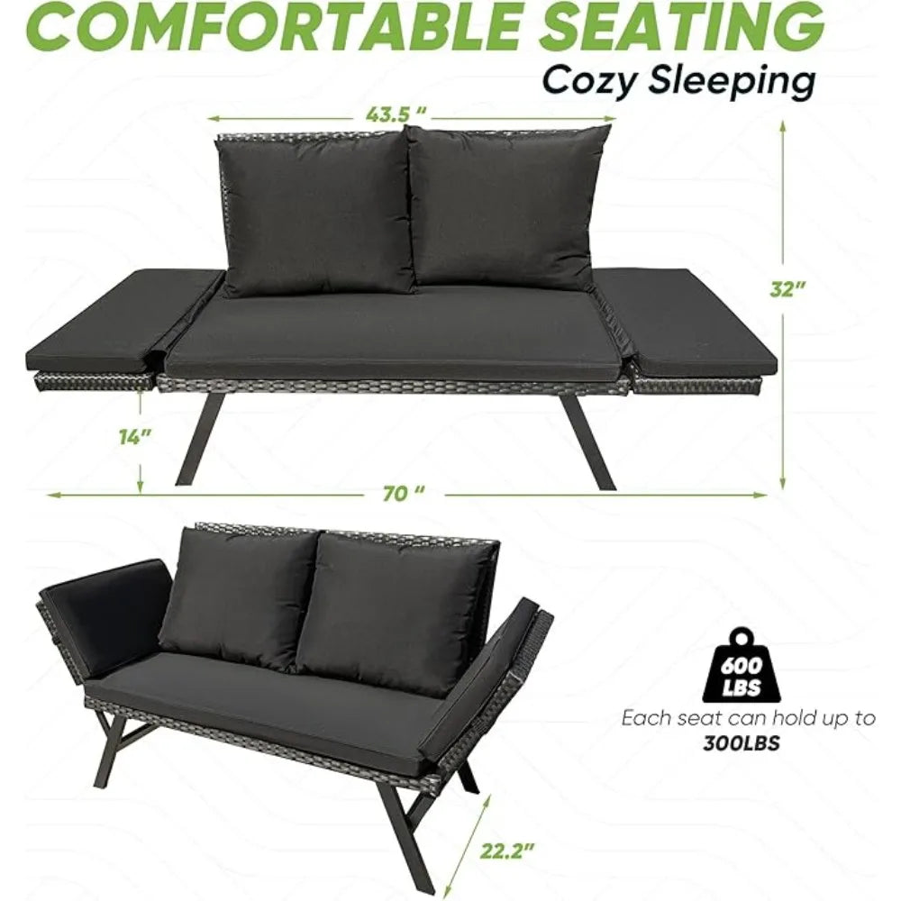 Outdoor Sofa with Adjustable Armrests, Convertible Daybed or Double Chair, Woven Rattan Patio Furniture, Outdoor Sofa