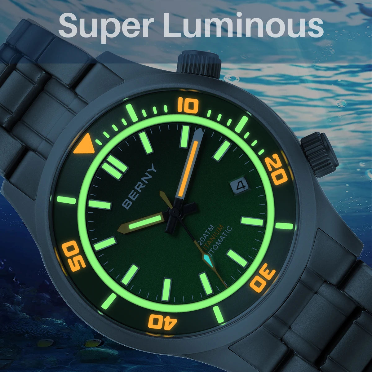 BERNY Men's Titanium Diver Watch with Luminous Dial and Sapphire Crystal 20ATM