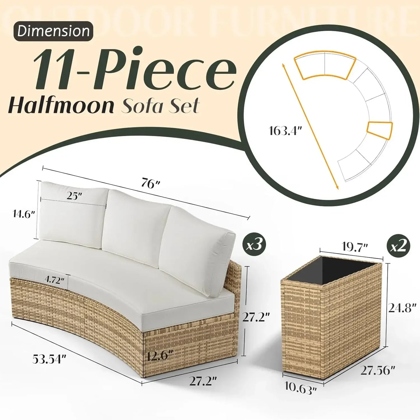 Patio Conversation Set,11 Piece Half-Moon Sectional Round Patio Furniture Set with Large Storage Wedge Table,for Backyard Garden