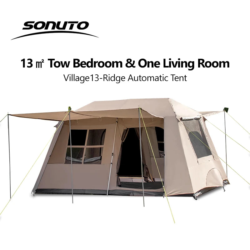 Sonuto Automatic Large Camping Tent 3-8 Person Quick Setup Double Hall Ridge Tent with Canopy for Outdoor Family Adventures