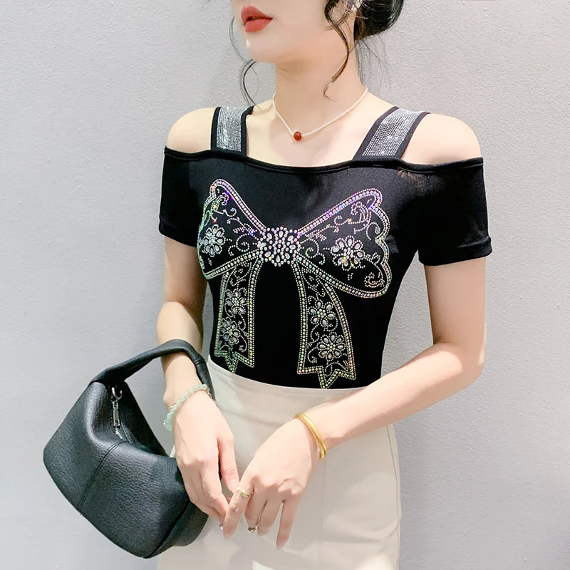 New Ladies Clothes Butterfly Letter Design T-Shirt Sexy Off Shoulder Shiny Diamonds Women Chic Mesh Tops Tees Shirts