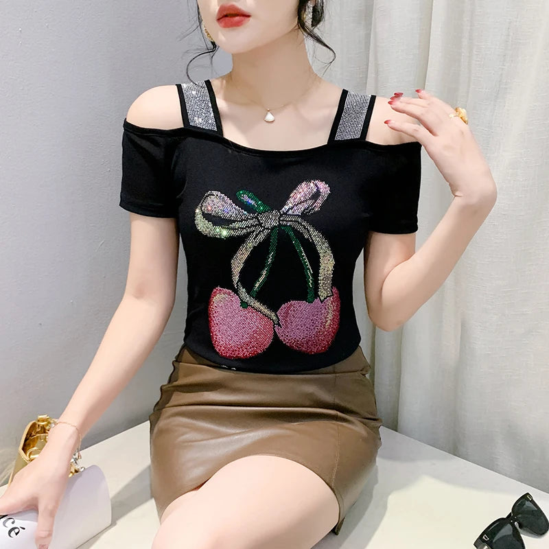 New Ladies Clothes Butterfly Letter Design T-Shirt Sexy Off Shoulder Shiny Diamonds Women Chic Mesh Tops Tees Shirts