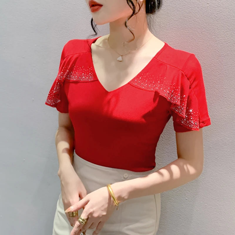 2025 Spring Summer Mesh Tops Korean Fashion Round Neck Patchwork Lotus Leaf Ruffles Shirt Hot Diamond Women T Shirt