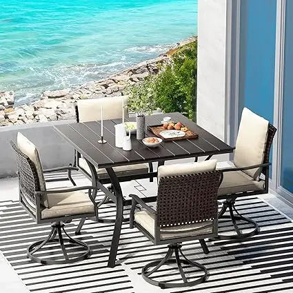 5 Piece Outdoor Patio Dining Set with 4 Swivel Dining Chairs & 1 Large Square Dining Table,Bistro Furniture Set for Lawn, Garde