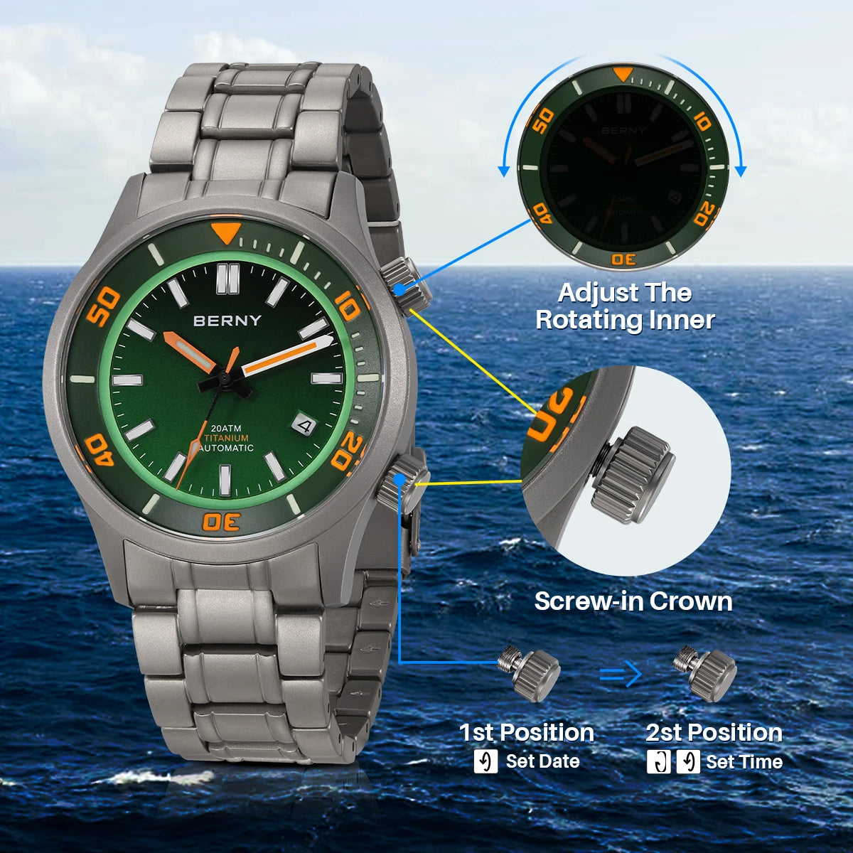 BERNY Men's Titanium Diver Watch with Luminous Dial and Sapphire Crystal 20ATM