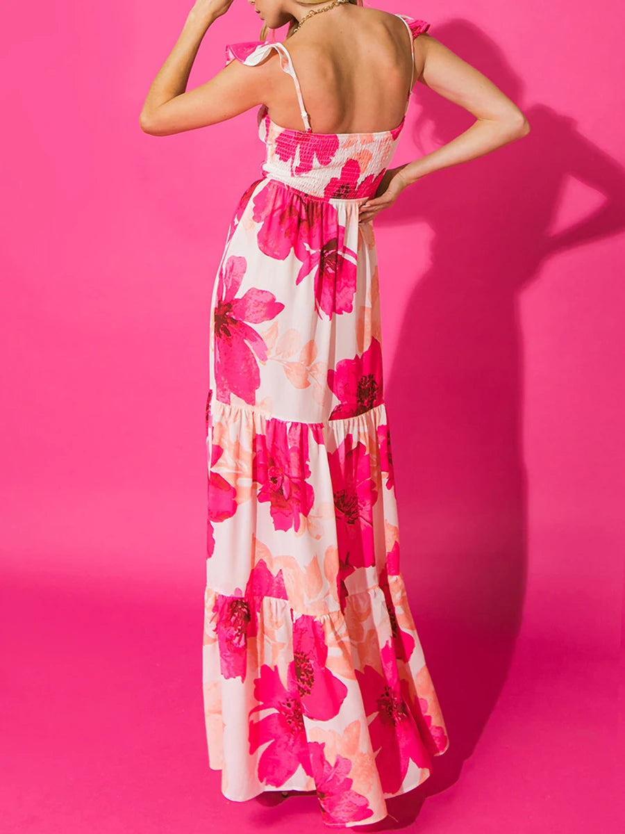 Elegant Floral Print Maxi Dress with Flutter Sleeves Deep V-Neckline and Open Back Design for Women s Summer Beachwear