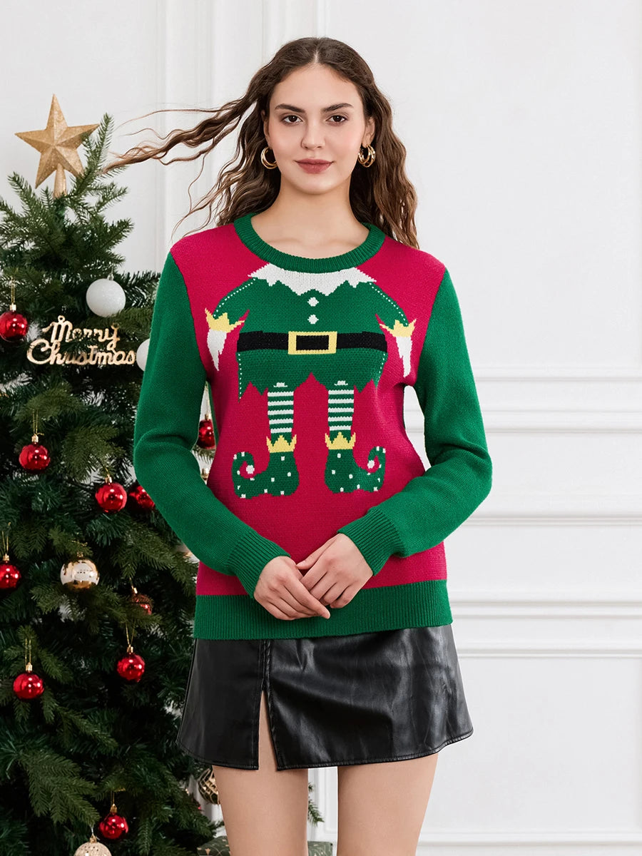Women s Festive Reindeer Print Christmas Sweater Cozy Crew Neck Knit Pullover Winter Holiday Fashion for Casual Wear