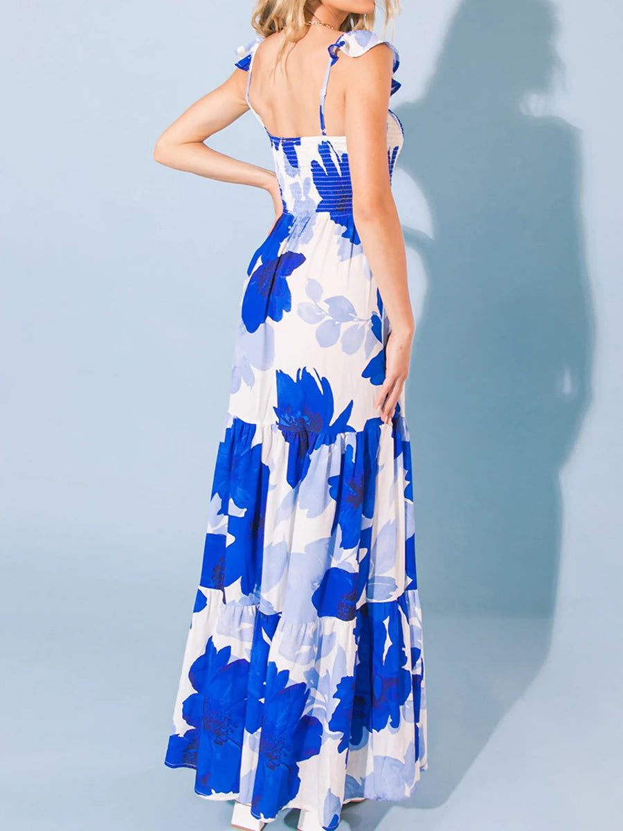 Elegant Floral Print Maxi Dress with Flutter Sleeves Deep V-Neckline and Open Back Design for Women s Summer Beachwear