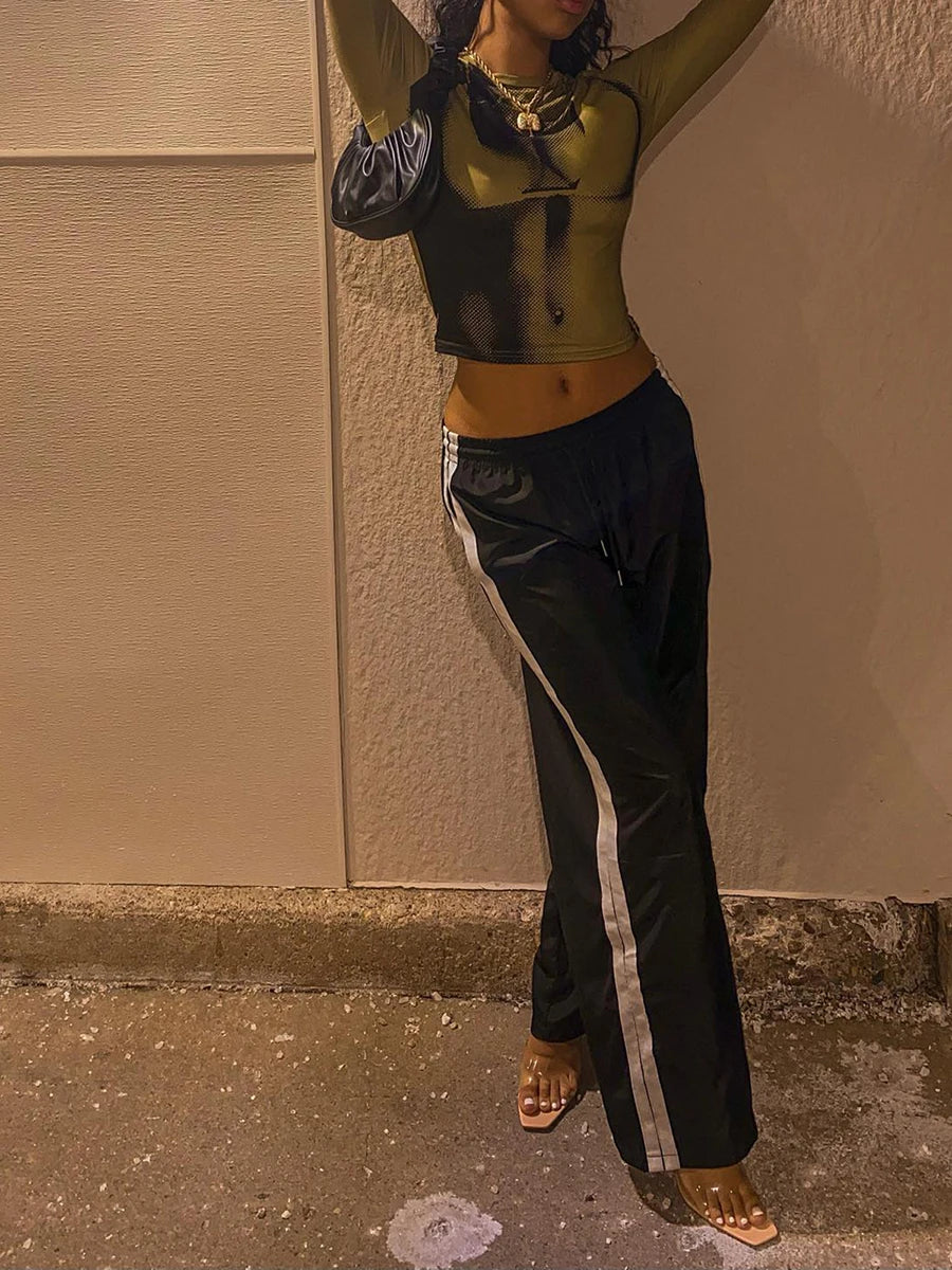 Women Casual Pants Drawstring Elastic Waist Striped Loose Long Trousers Streetwear