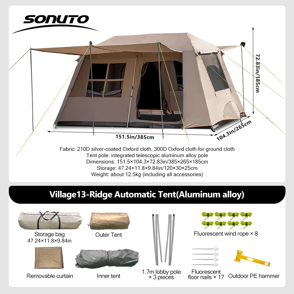 Sonuto Automatic Large Camping Tent 3-8 Person Quick Setup Double Hall Ridge Tent with Canopy for Outdoor Family Adventures