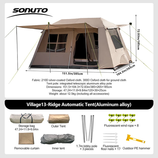 Sonuto Automatic Large Camping Tent 3-8 Person Quick Setup Double Hall Ridge Tent with Canopy for Outdoor Family Adventures