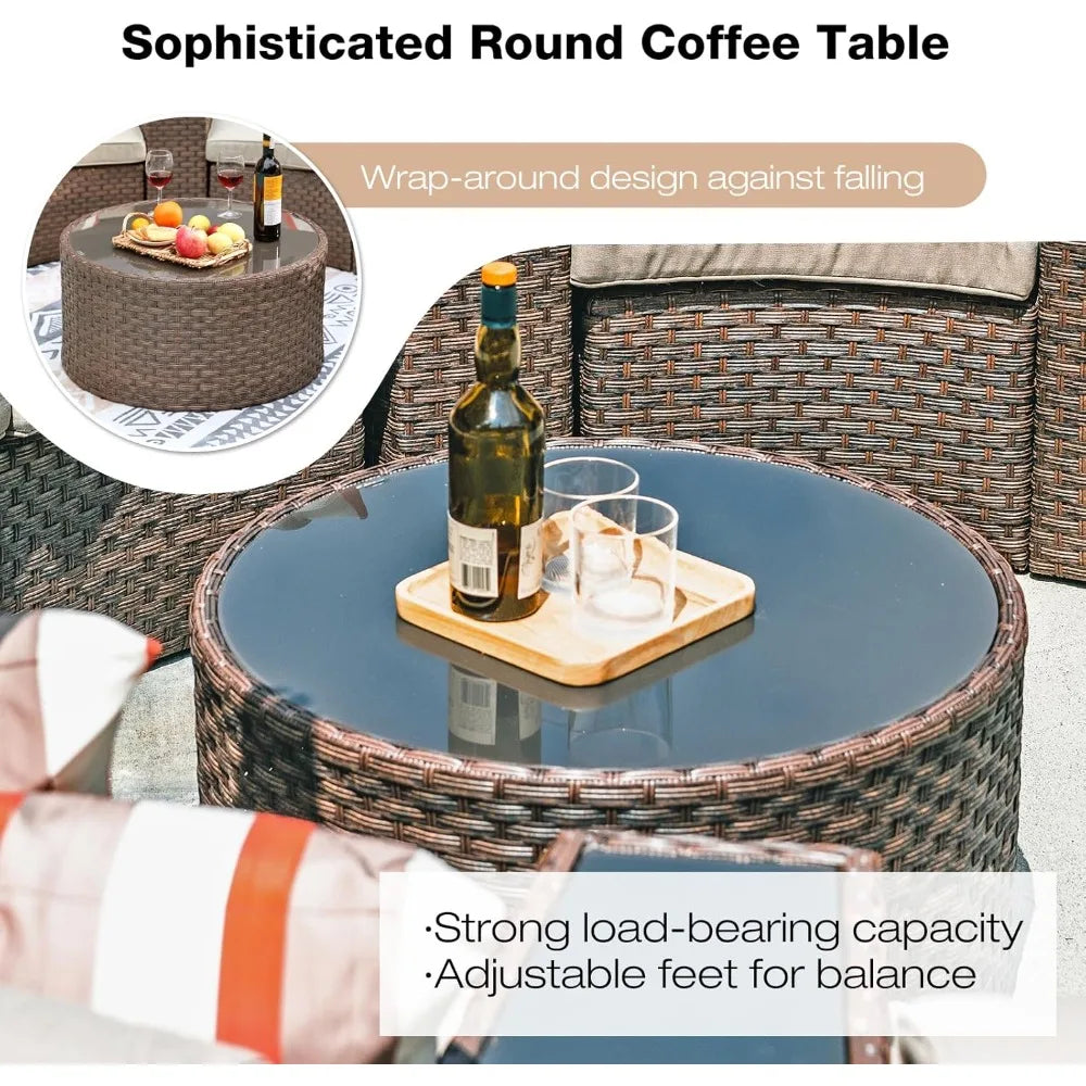 Outdoor Patio Furniture Set,13-Piece Round Sectional Sofa,with 4 Side Table and Pillows, Curved Wicker Sofa