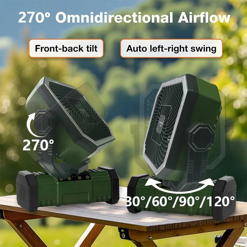 30000mAh Camping Fan with LED Lantern, Rechargeable Battery Operated Oscillating with Remote Hook Steroage Bag