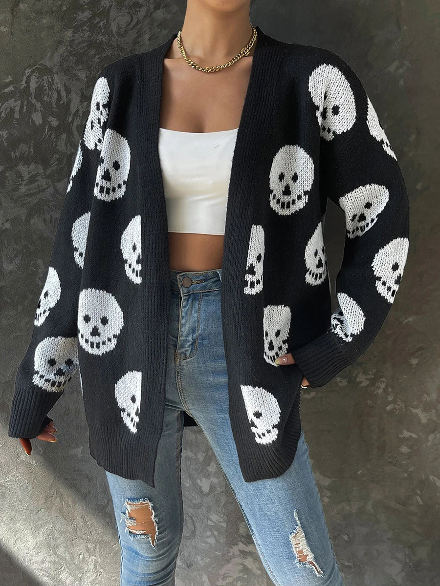Women s Halloween Casual Knit Cardigan Long Sleeve Open Front Skull Print Knitwear Sweater