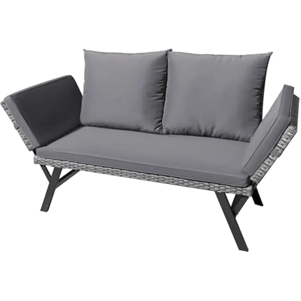 Outdoor Sofa with Adjustable Armrests, Convertible Daybed or Double Chair, Woven Rattan Patio Furniture, Outdoor Sofa