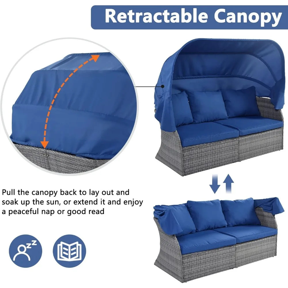 Patio Daybed with Retractable Canopy & Lift-top Table, Wicker Rattan Outdoor Furniture Conversation Set w/Upholstered