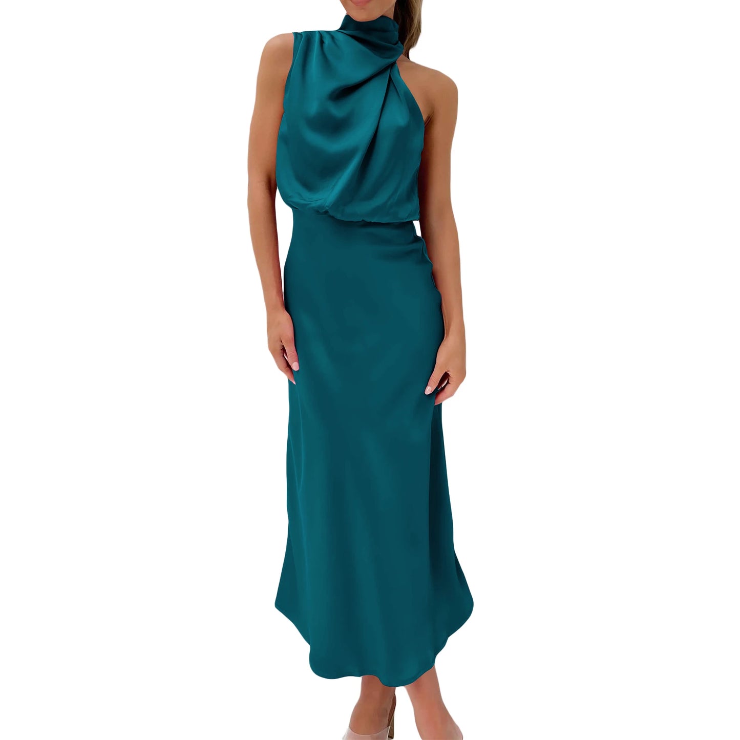 Women Long Satin Dress Elegant Sleeveless Turtleneck Solid Summer Dress for Cocktail Party
