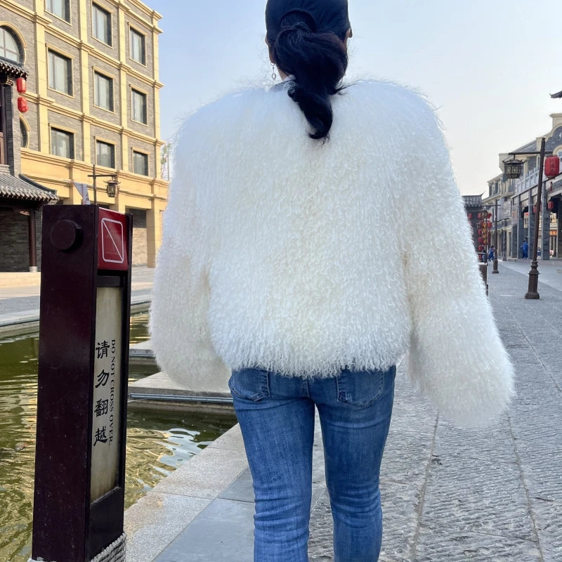 BEIZIRU Women's Real Fur Jacket Winter Autumn Fashion Mongolia Sheep Coat Warm Stylish Outerwear for Ladies