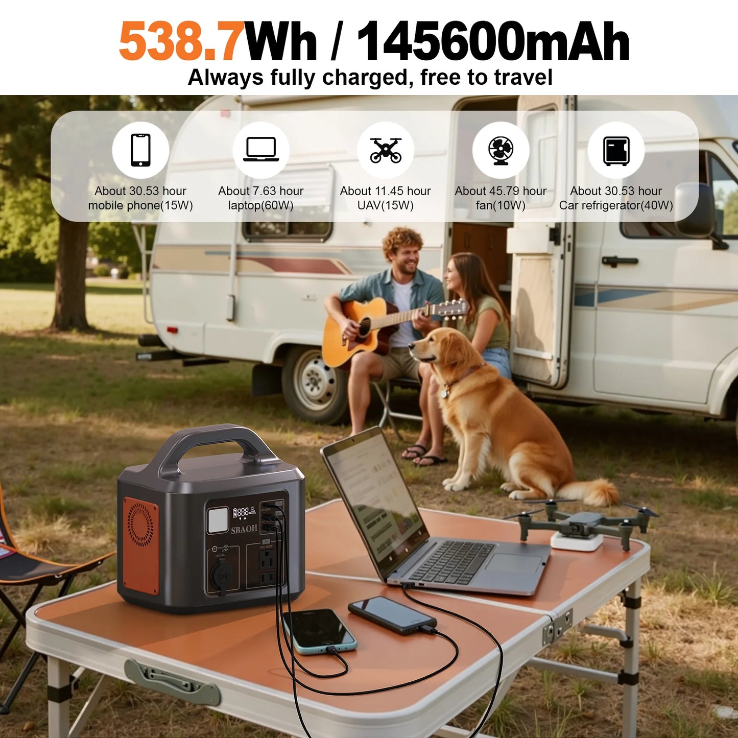 538.7Wh 600W Portable Outdoor Power Station with Solar Charging Input, 100W PD USB-C, QC3.0, AC Power Outlet, Outdoor Camping Ho