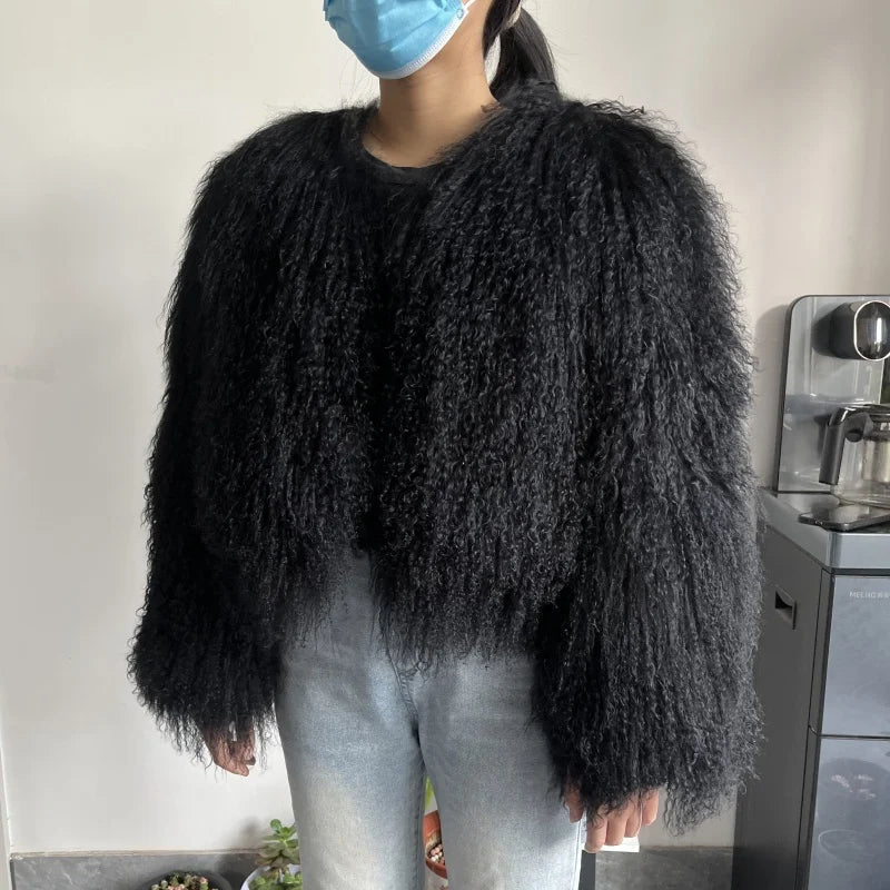 BEIZIRU Women's Real Fur Jacket Winter Autumn Fashion Mongolia Sheep Coat Warm Stylish Outerwear for Ladies
