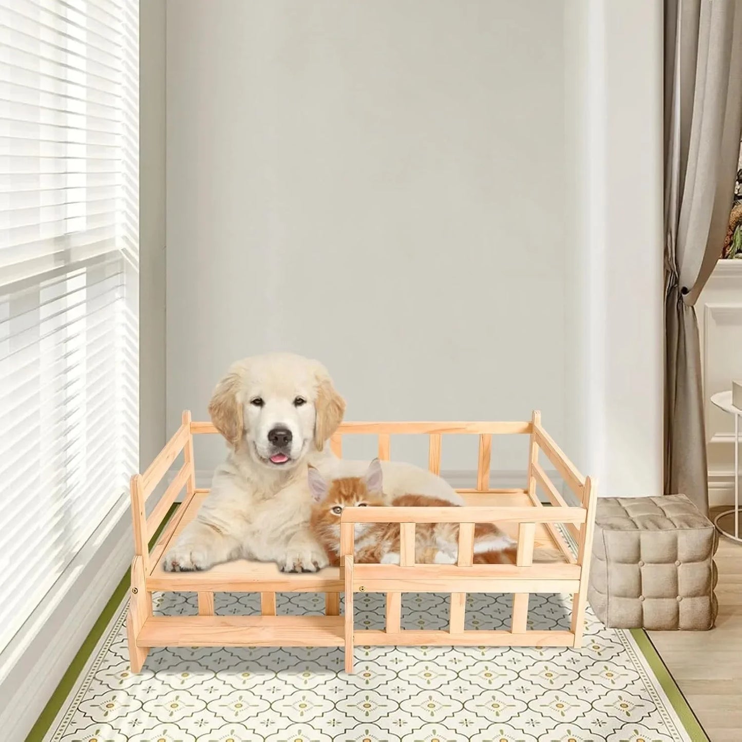Solid Wood Elevated Pet Bed for Cats and Small Dogs with Safety Fence and Anti-Slip Pads